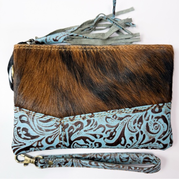 Handbags - Turquoise Tooled Leather and Brown Hair-on Hide Wristlet Clutch
